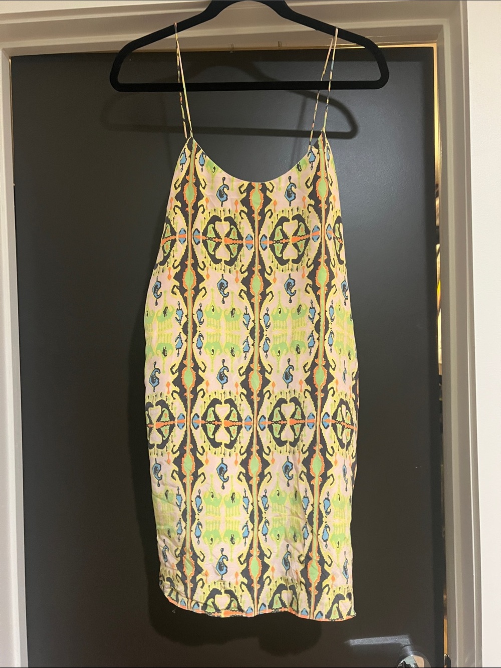 Tibi Yellow-Green Printed Spaghetti-Strap Slip Dress